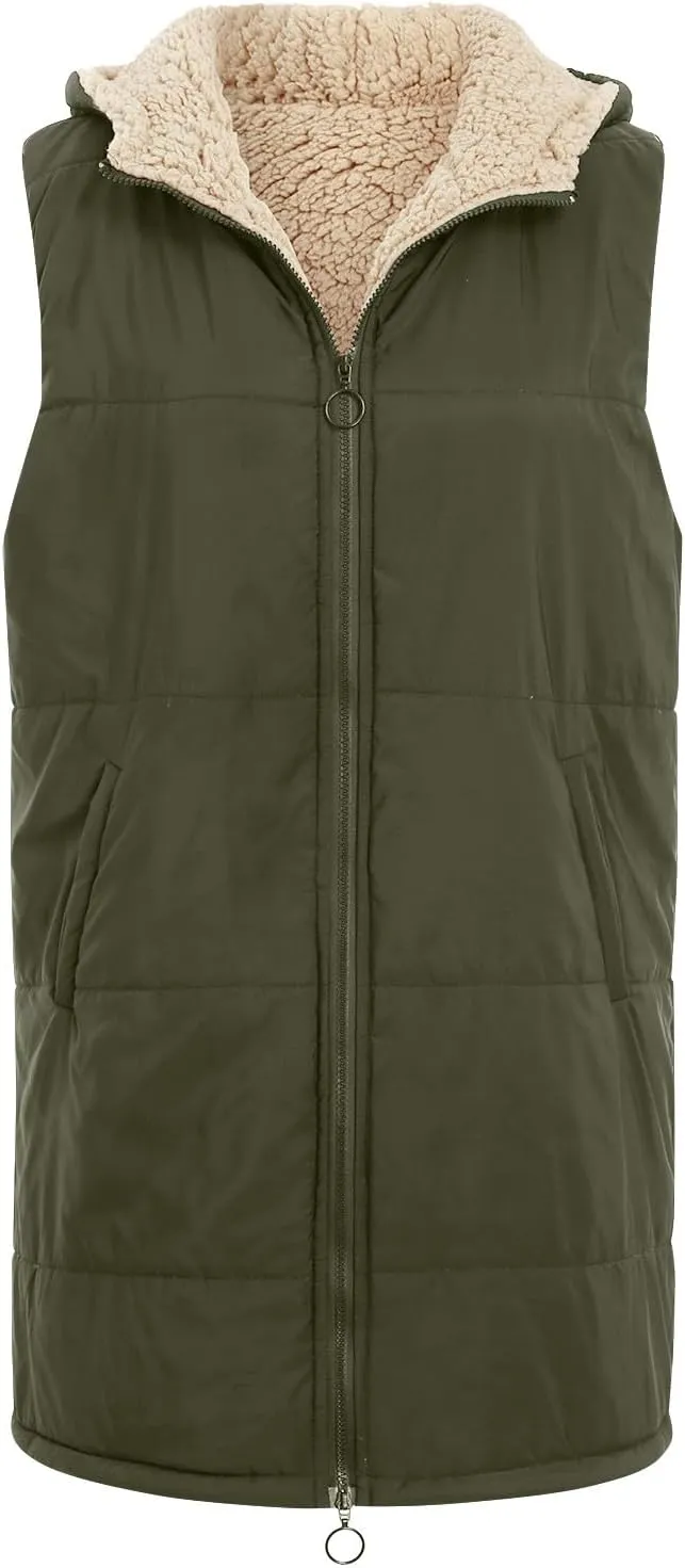 Womens 2024 Fall Fashion Reversible Vest Casual Sleeveless Lined Fleece Jacket Gilet Long Zip Up Warm Coat with Pocket