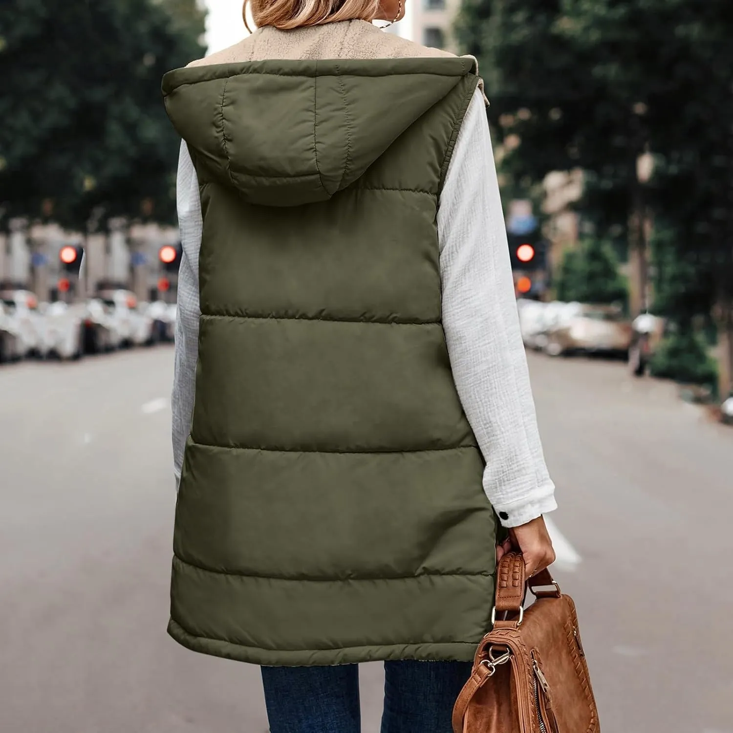 Womens 2024 Fall Fashion Reversible Vest Casual Sleeveless Lined Fleece Jacket Gilet Long Zip Up Warm Coat with Pocket
