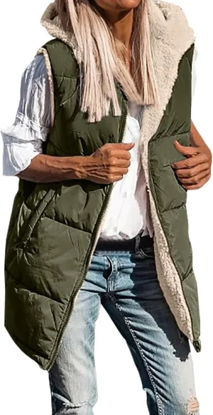 Womens 2024 Fall Fashion Reversible Vest Casual Sleeveless Lined Fleece Jacket Gilet Long Zip Up Warm Coat with Pocket