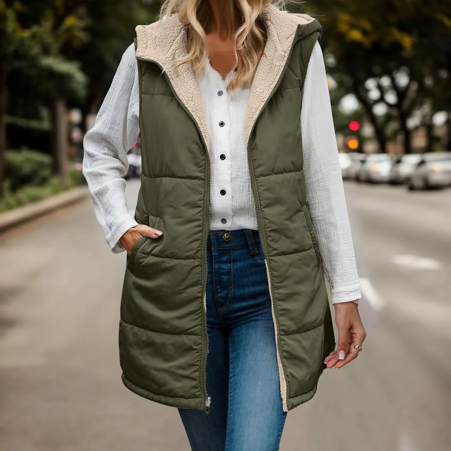 Womens 2024 Fall Fashion Reversible Vest Casual Sleeveless Lined Fleece Jacket Gilet Long Zip Up Warm Coat with Pocket