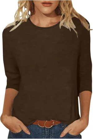 Womens 3/4 Sleeve T-Shirt Plain Pullover Tops Cozy Crewneck Casual Top Three Quarter Length Sleeve T Shirt Soft Basic Blouse