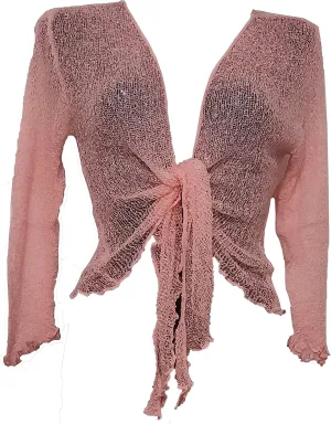 Womens Bali Crochet Knitted Cropped Bolero Sheer Cardigan Ladies Tie Up Open Front Shrug Plus Size Lightweight Summer Top