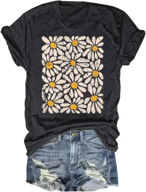 Womens Boho Floral Shirt Vintage Flower Graphic Tee T-Shirt Summer Short Sleeve T Shirts Cute T Shirt Tops