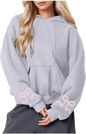 Women's Bow Print Hoodies Oversized Long Sleeve Hooded Sweatshirts Graphic Drop Shoulder Pullover Tops Y2K Clothing