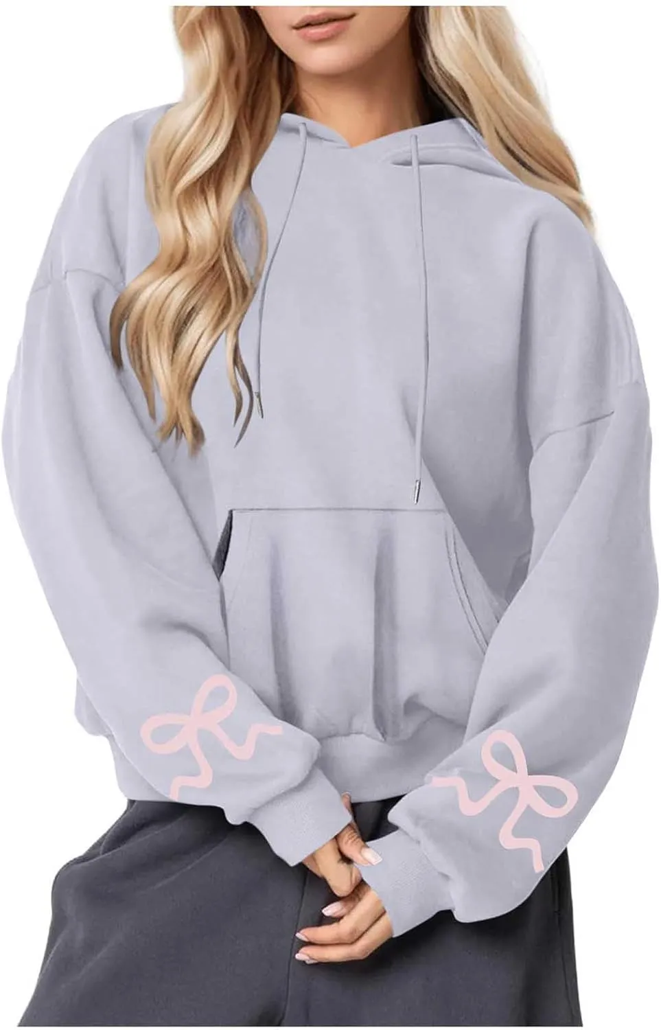 Women's Bow Print Hoodies Oversized Long Sleeve Hooded Sweatshirts Graphic Drop Shoulder Pullover Tops Y2K Clothing