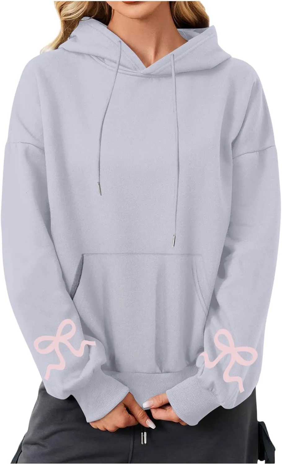 Women's Bow Print Hoodies Oversized Long Sleeve Hooded Sweatshirts Graphic Drop Shoulder Pullover Tops Y2K Clothing