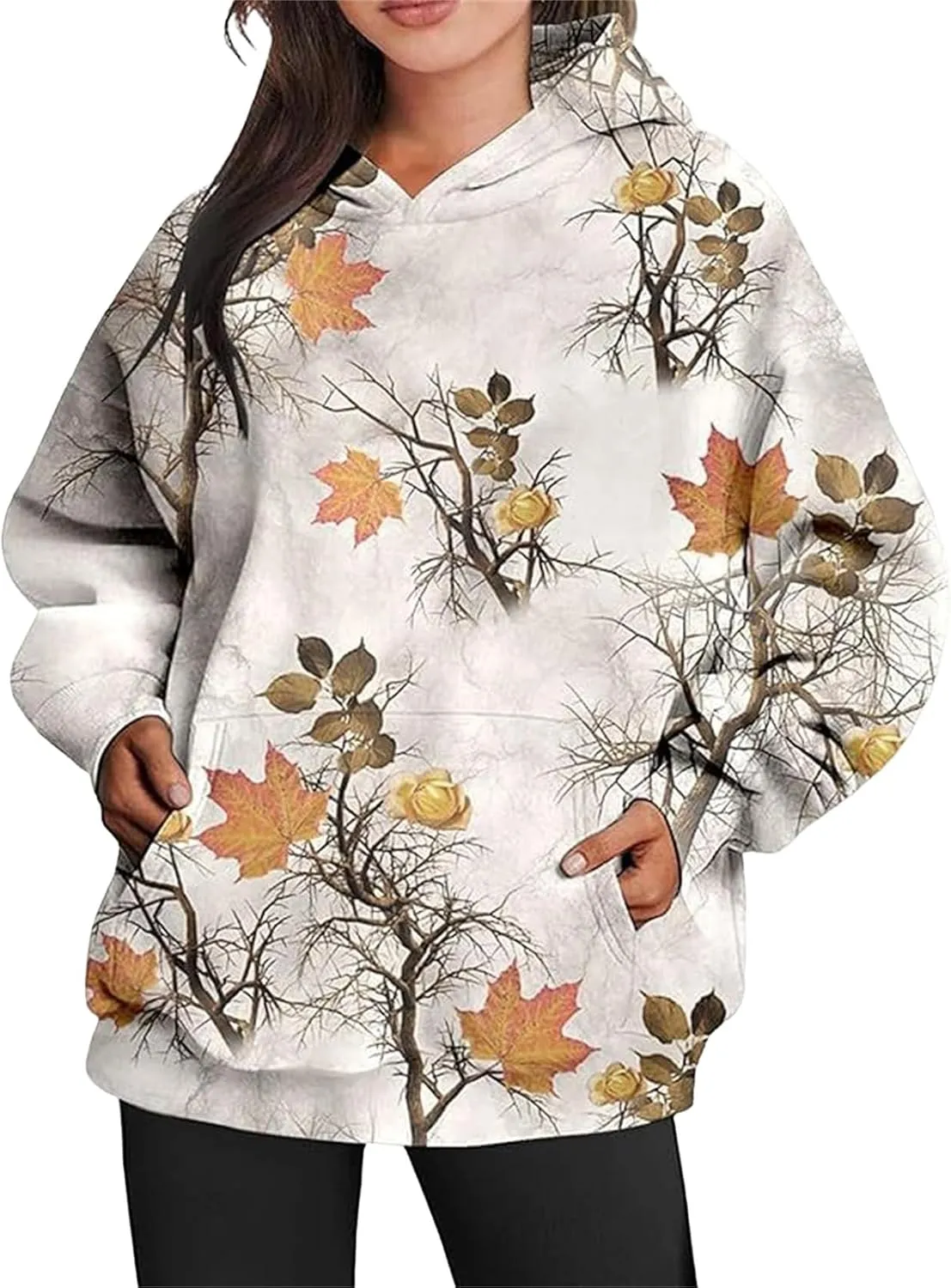 Womens Camo Hoodies Maple Leaf Print Oversized Hooded Sweatshirt Fleece Pullover Long Sleeve Sweatshirt with Pockets