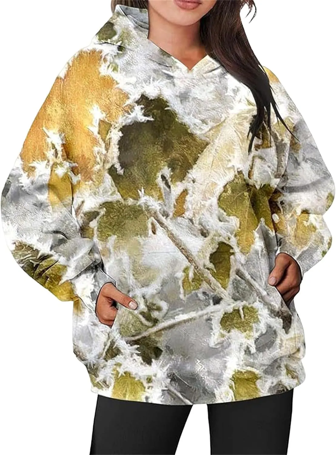 Womens Camo Hoodies Maple Leaf Print Oversized Hooded Sweatshirt Fleece Pullover Long Sleeve Sweatshirt with Pockets