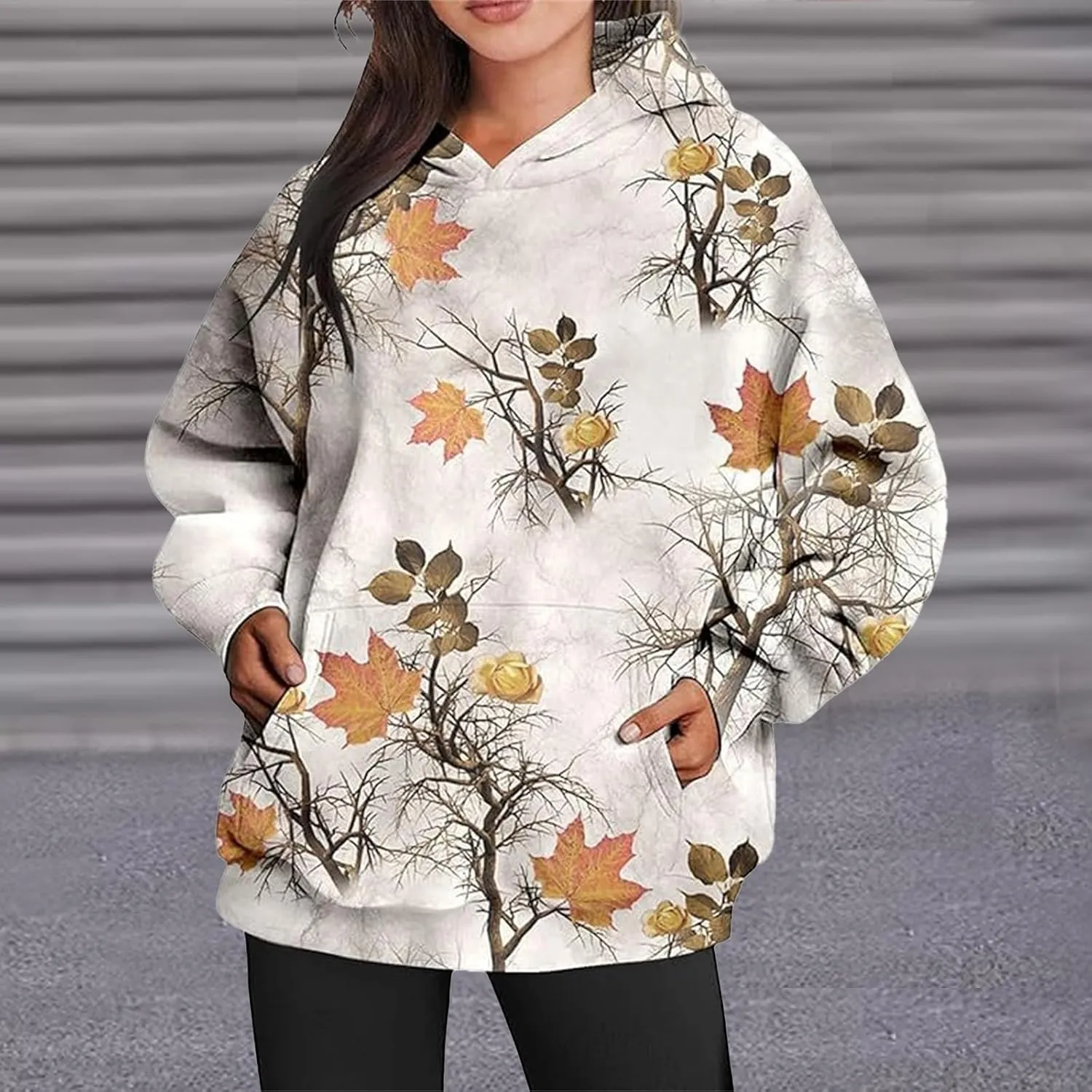 Womens Camo Hoodies Maple Leaf Print Oversized Hooded Sweatshirt Fleece Pullover Long Sleeve Sweatshirt with Pockets
