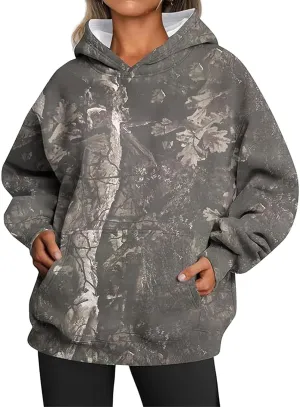 Womens Camo Hoodies Maple Leaf Print Oversized Hooded Sweatshirt Fleece Pullover Long Sleeve Sweatshirt with Pockets