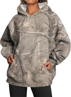 Womens Camo Hoodies Maple Leaf Print Oversized Hooded Sweatshirt Fleece Pullover Long Sleeve Sweatshirt with Pockets