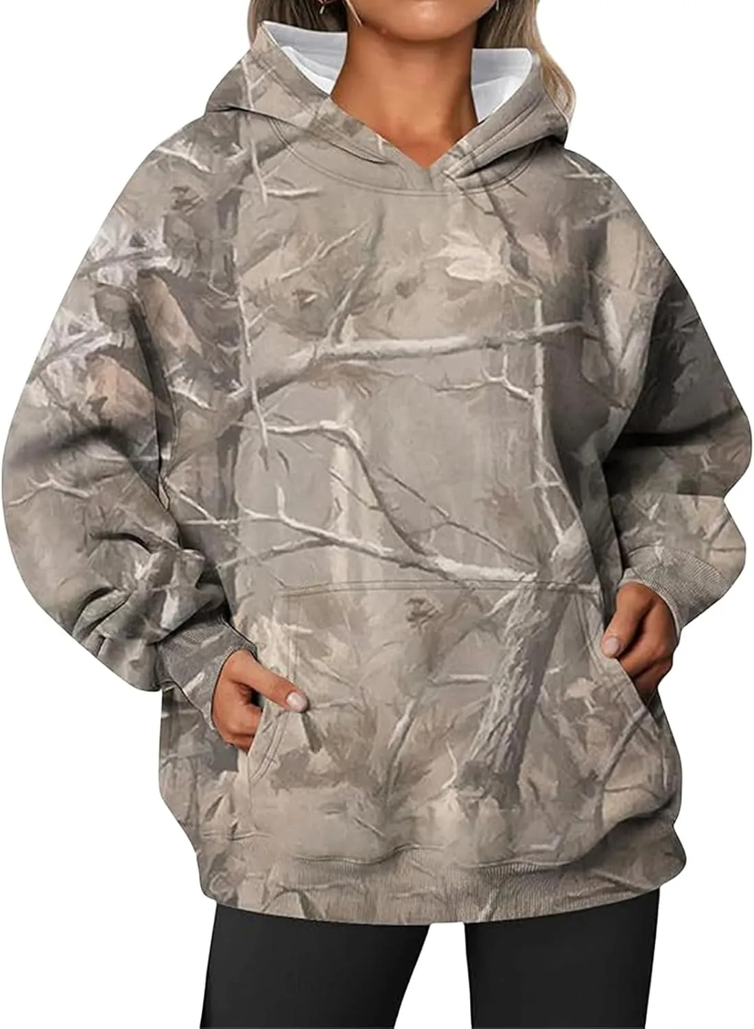 Womens Camo Hoodies Maple Leaf Print Oversized Hooded Sweatshirt Fleece Pullover Long Sleeve Sweatshirt with Pockets