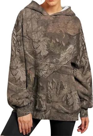 Womens Camo Hoodies Maple Leaf Print Oversized Hooded Sweatshirt Fleece Pullover Long Sleeve Sweatshirt with Pockets