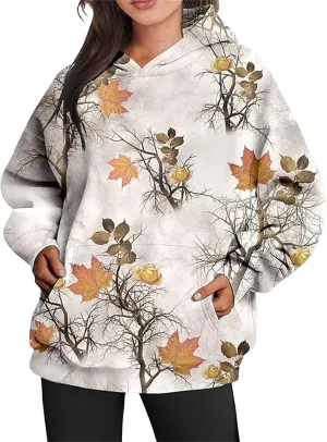 Womens Camo Hoodies Maple Leaf Print Oversized Hooded Sweatshirt Fleece Pullover Long Sleeve Sweatshirt with Pockets