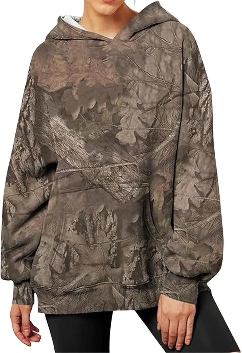 Womens Camo Hoodies Maple Leaf Print Oversized Hooded Sweatshirt Fleece Pullover Long Sleeve Sweatshirt with Pockets