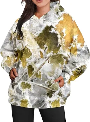Womens Camo Hoodies Maple Leaf Print Oversized Hooded Sweatshirt Fleece Pullover Long Sleeve Sweatshirt with Pockets
