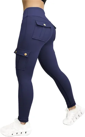 Women's Cargo Yoga Leggings Butt Lifting Leggings with Flap Pockets High Waist Tummy Control Running Pants Gym Tights