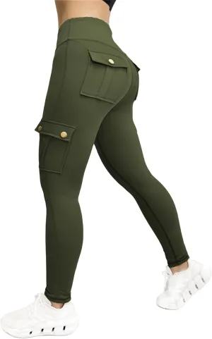 Women's Cargo Yoga Leggings Butt Lifting Leggings with Flap Pockets High Waist Tummy Control Running Pants Gym Tights