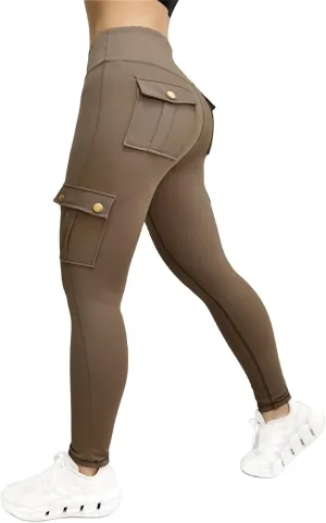 Women's Cargo Yoga Leggings Butt Lifting Leggings with Flap Pockets High Waist Tummy Control Running Pants Gym Tights