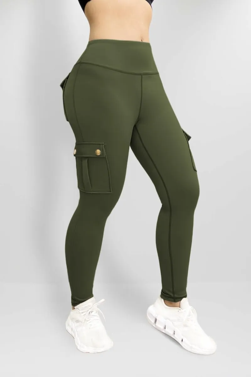 Women's Cargo Yoga Leggings Butt Lifting Leggings with Flap Pockets High Waist Tummy Control Running Pants Gym Tights