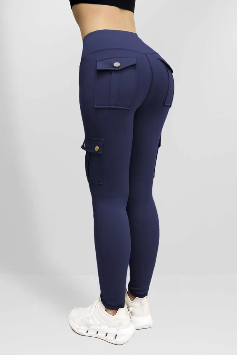 Women's Cargo Yoga Leggings Butt Lifting Leggings with Flap Pockets High Waist Tummy Control Running Pants Gym Tights