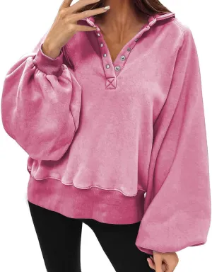 Womens Casual Button v Neck Hoodies Oversized Long Sleeve Hooded Pullover Sweatshirt Tops Fall Fashion Clothes 2023
