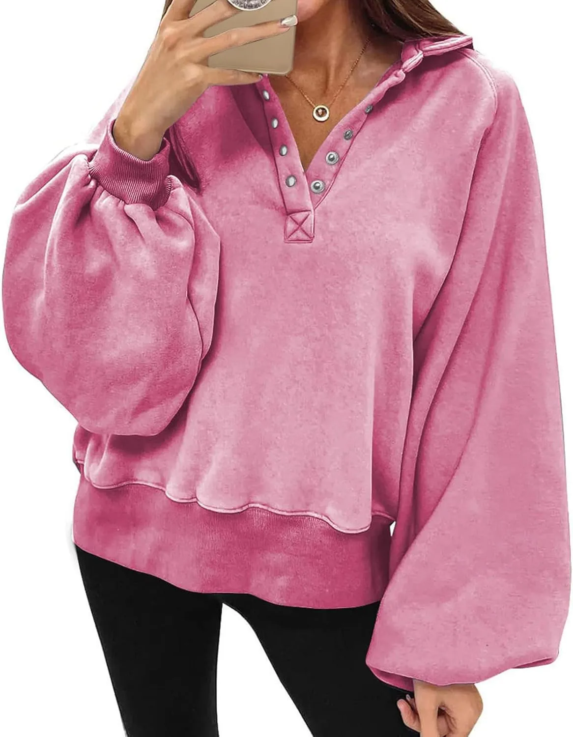 Womens Casual Button v Neck Hoodies Oversized Long Sleeve Hooded Pullover Sweatshirt Tops Fall Fashion Clothes 2023