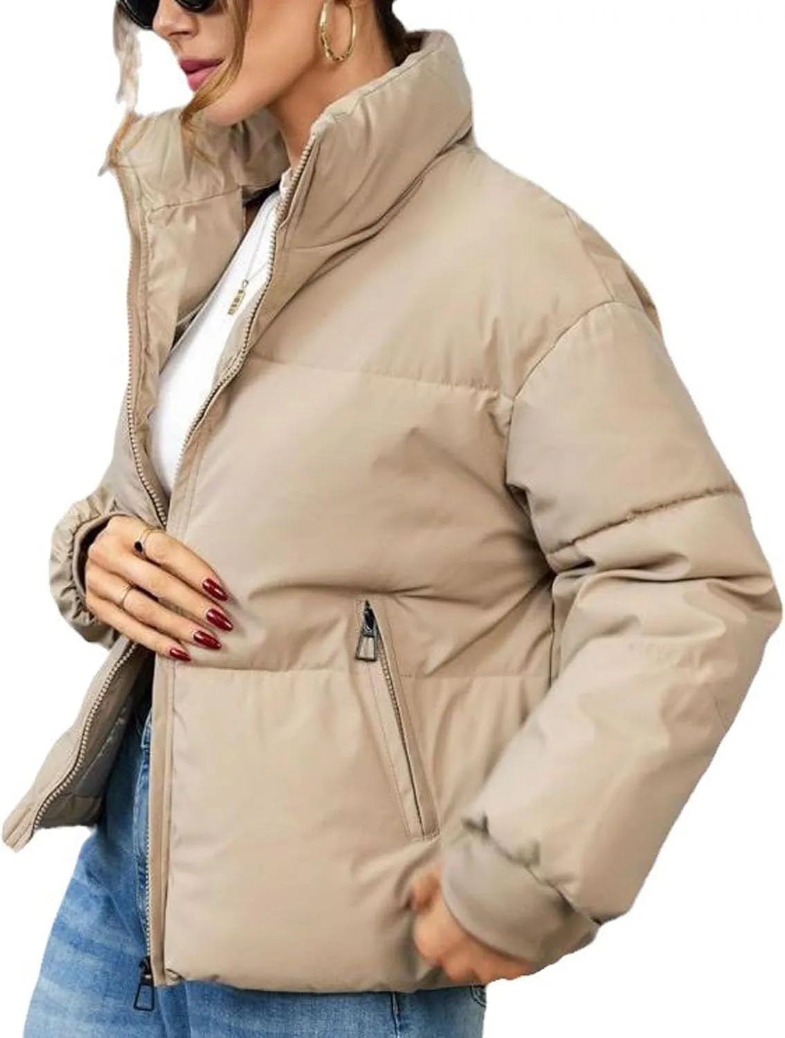 Womens Casual Puffer Jacket Winter Long Sleeve Full Zip Cotton Padded Coat Warm Stand Collar Short Quilted Down Outwear