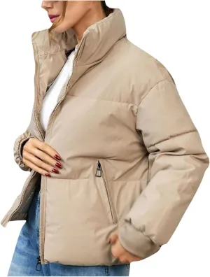 Womens Casual Puffer Jacket Winter Long Sleeve Full Zip Cotton Padded Coat Warm Stand Collar Short Quilted Down Outwear