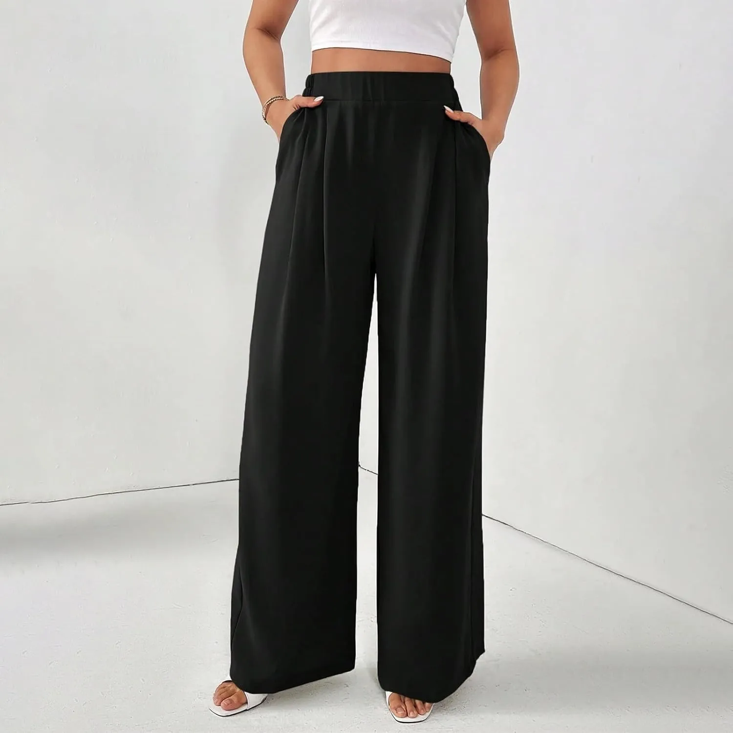Women's Crinkle Textured Wide Leg Pants High-Waisted Cooling Summer Stretchy Lightweight Lounge to Office