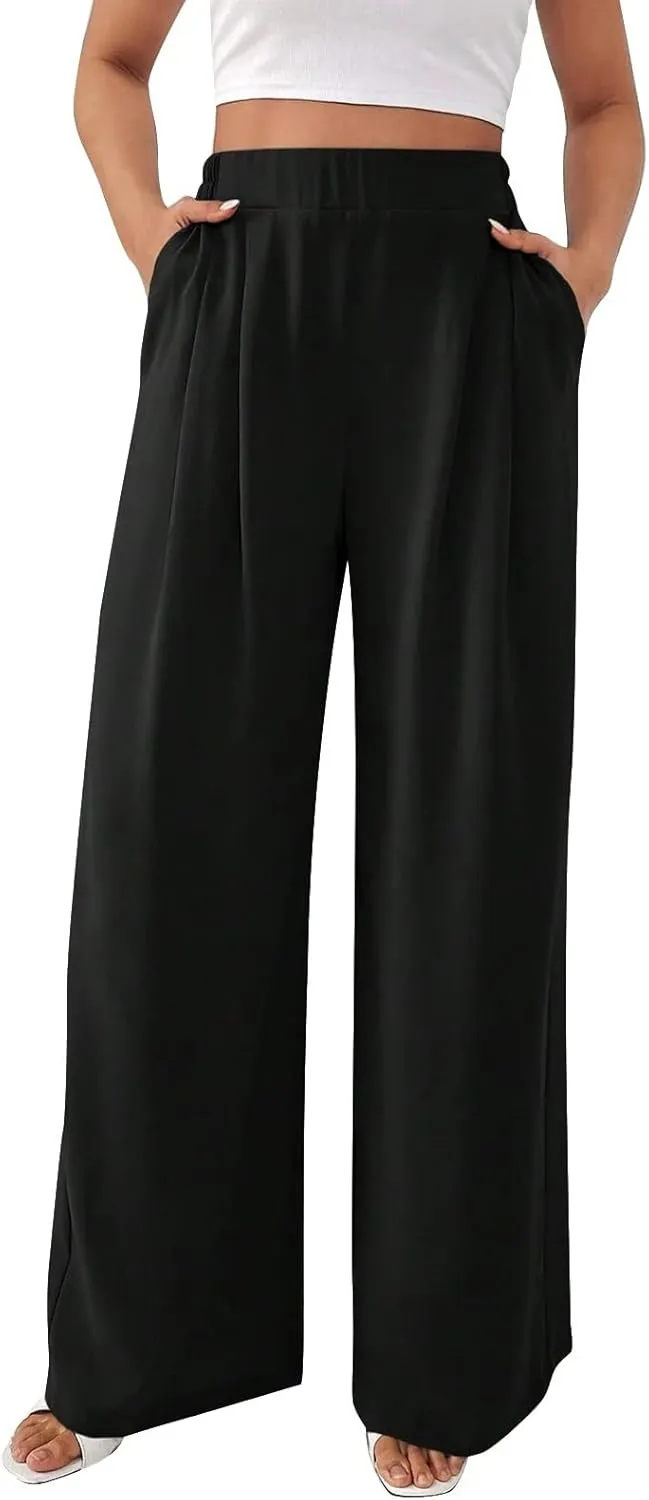 Women's Crinkle Textured Wide Leg Pants High-Waisted Cooling Summer Stretchy Lightweight Lounge to Office