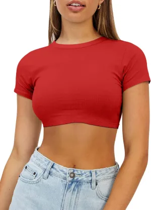 Womens Crop Tops Crewneck Y2K Summer T-Shirt Basic Short Sleeve Fitted Knit Ribbed Casual Blouse Cute Tee Shirt