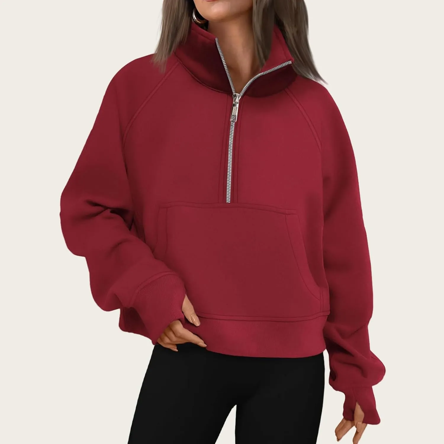 Womens Cropped Hoodies Oversized Quarter Zip Pullover Fleece Long Sleeve Fall Outfits Clothes Thumb Hole