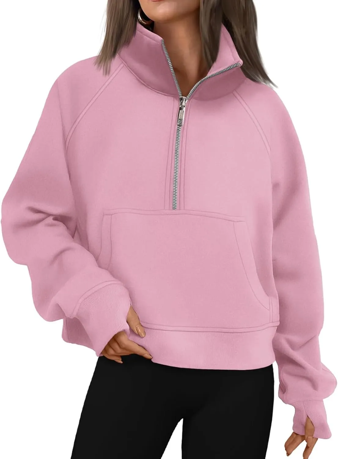 Womens Cropped Hoodies Oversized Quarter Zip Pullover Fleece Long Sleeve Fall Outfits Clothes Thumb Hole