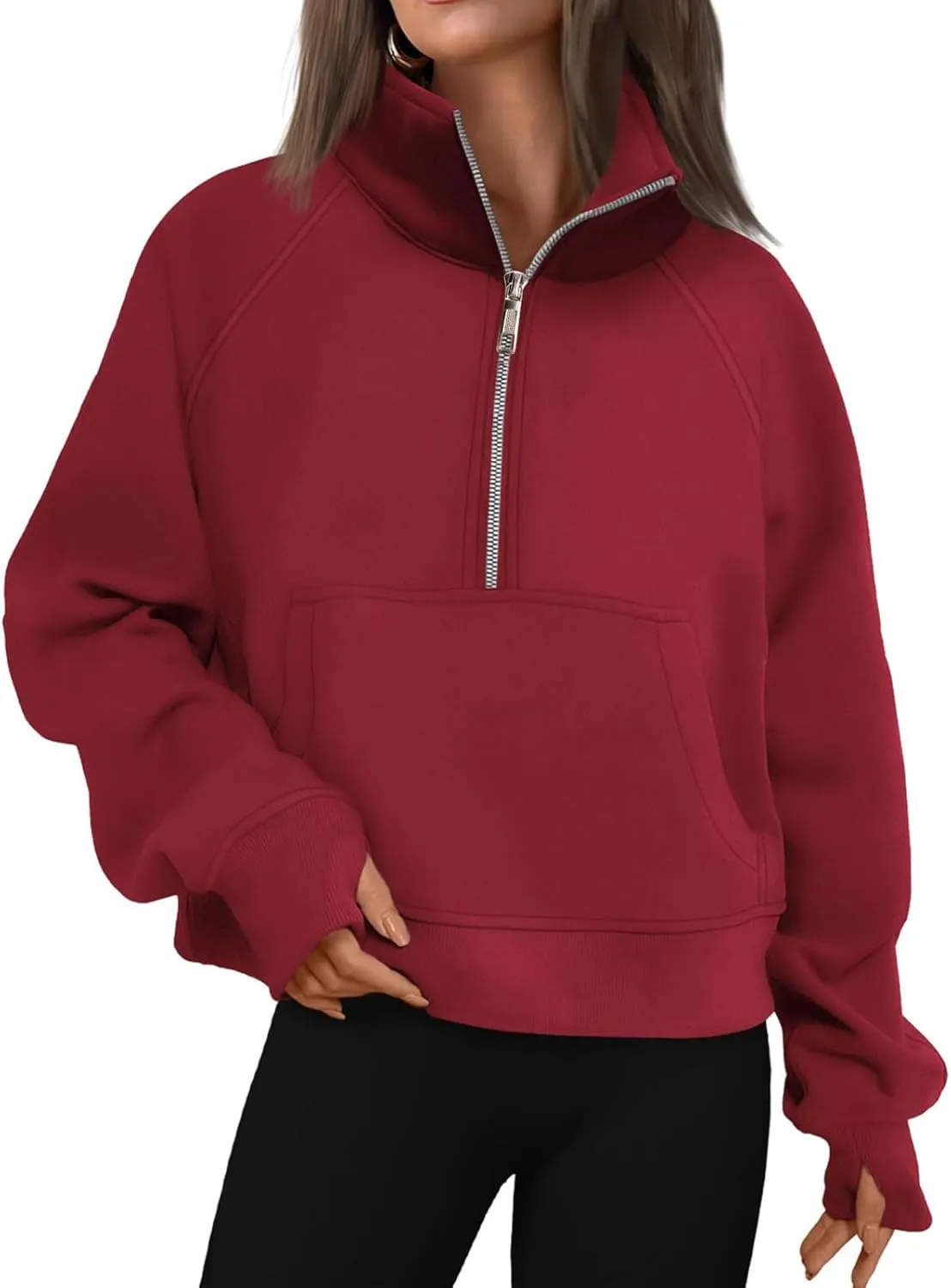 Womens Cropped Hoodies Oversized Quarter Zip Pullover Fleece Long Sleeve Fall Outfits Clothes Thumb Hole