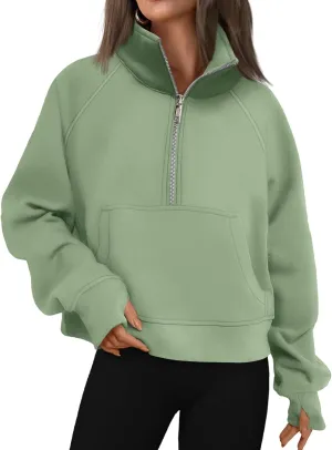 Womens Cropped Hoodies Oversized Quarter Zip Pullover Fleece Long Sleeve Fall Outfits Clothes Thumb Hole