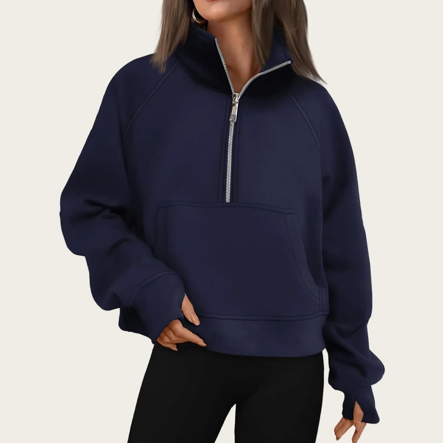 Womens Cropped Hoodies Oversized Quarter Zip Pullover Fleece Long Sleeve Fall Outfits Clothes Thumb Hole