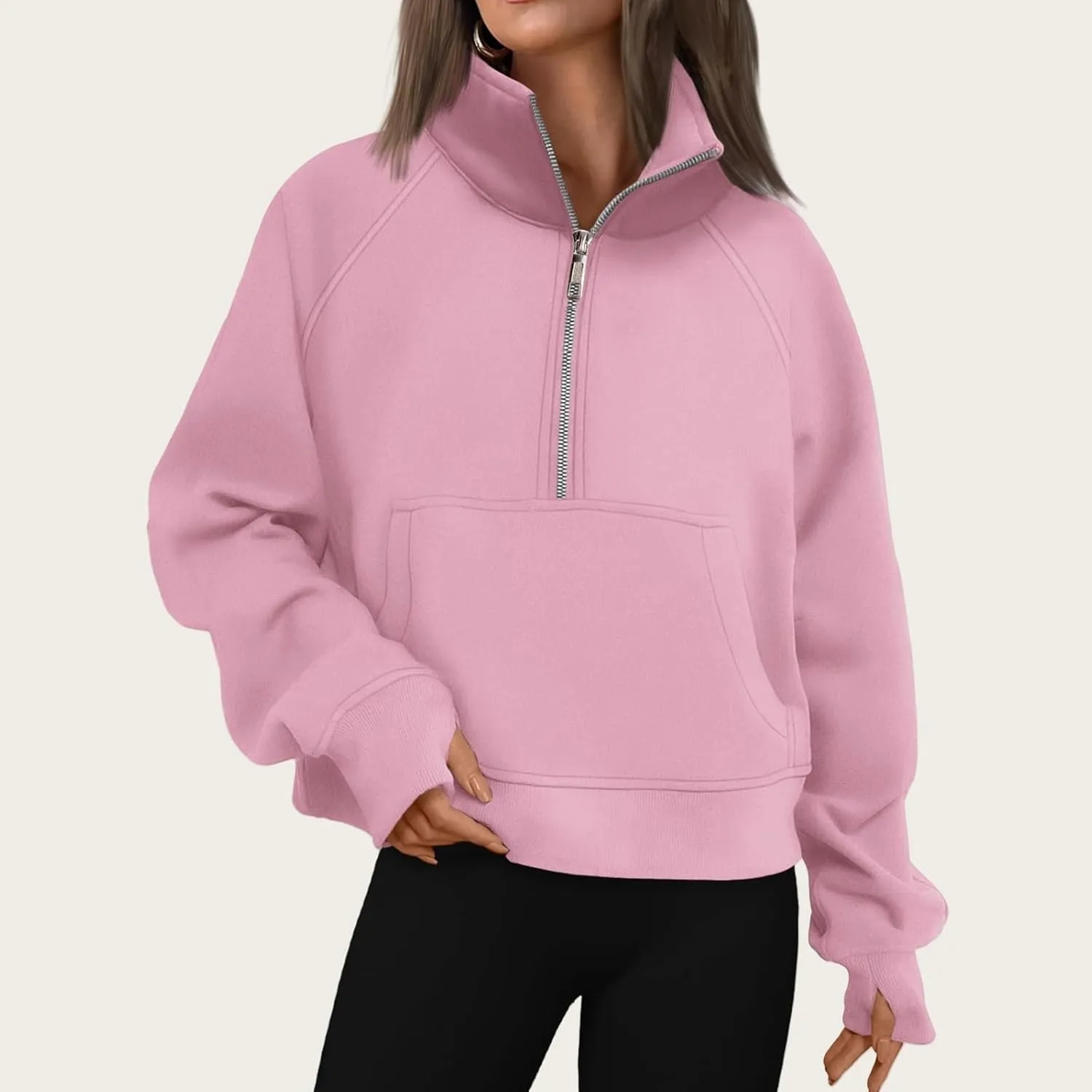 Womens Cropped Hoodies Oversized Quarter Zip Pullover Fleece Long Sleeve Fall Outfits Clothes Thumb Hole