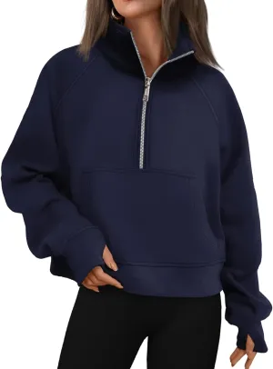 Womens Cropped Hoodies Oversized Quarter Zip Pullover Fleece Long Sleeve Fall Outfits Clothes Thumb Hole