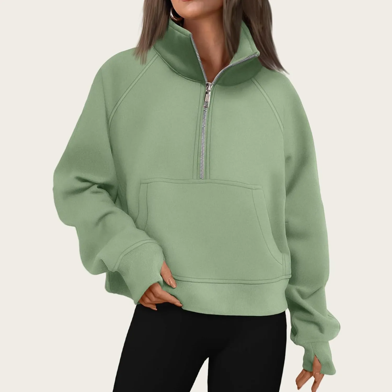 Womens Cropped Hoodies Oversized Quarter Zip Pullover Fleece Long Sleeve Fall Outfits Clothes Thumb Hole