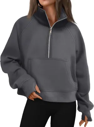 Womens Cropped Hoodies Oversized Quarter Zip Pullover Fleece Long Sleeve Fall Outfits Clothes Thumb Hole