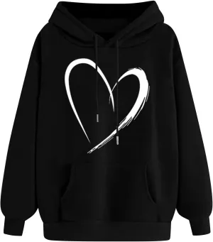 Womens Cute Heart Hoodies Graphic Pullover Fall Fashion Hooded Drawstring Sweatshirt Teen Girls Long Sleeve Sweater