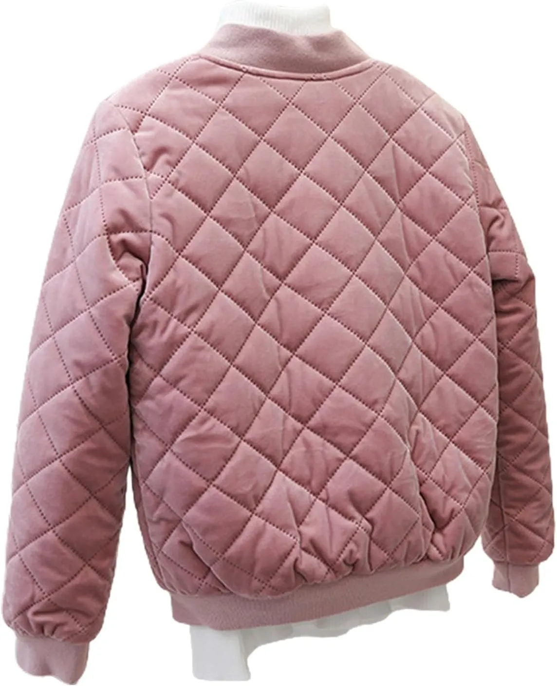 Women's Diamond Lightweight Quilted Bomber Jacket Stand Collar Long Sleeve Button Warm Velvet Down Coat with Pockets