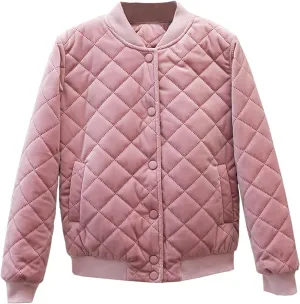 Women's Diamond Lightweight Quilted Bomber Jacket Stand Collar Long Sleeve Button Warm Velvet Down Coat with Pockets