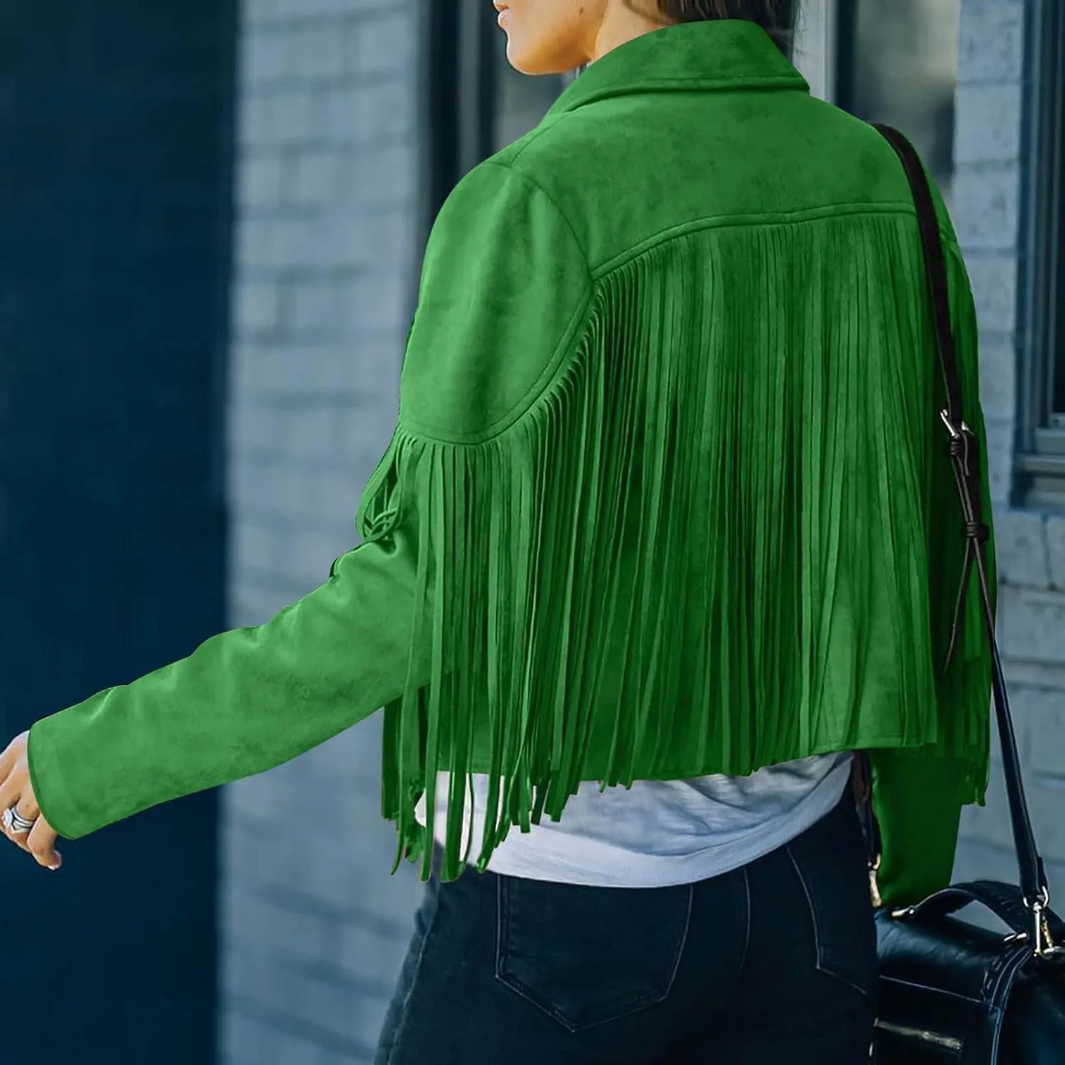 Women's Faux Suede Leather Fringe Jacket Cowgirl Crop Moto Biker Jackets Open Front Tassel Coat Tops 2024 Trendy