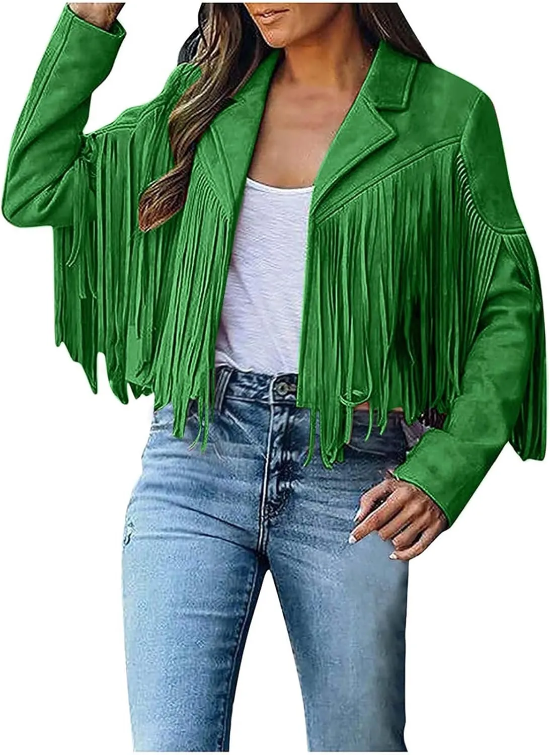 Women's Faux Suede Leather Fringe Jacket Cowgirl Crop Moto Biker Jackets Open Front Tassel Coat Tops 2024 Trendy
