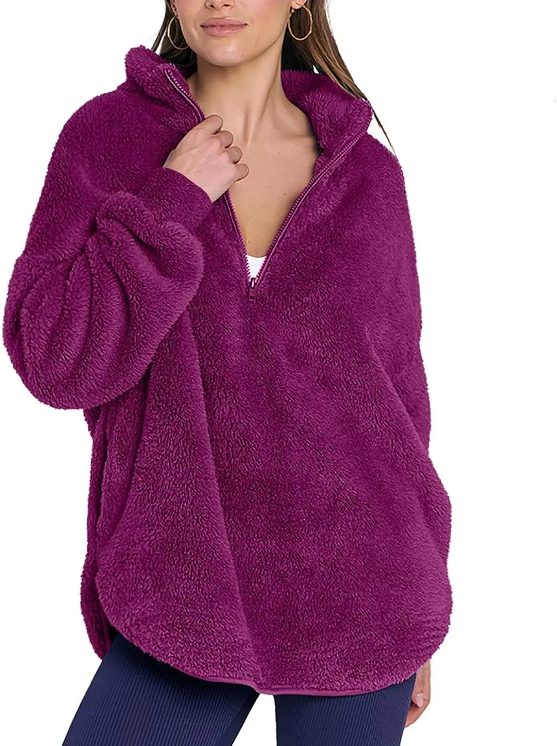 Womens Fleece Sweatshirt Half Zip Up Oversized Long Sleeve Sherpa Pullover Winter Warm Comfy Solid Color Fuzzy Tops