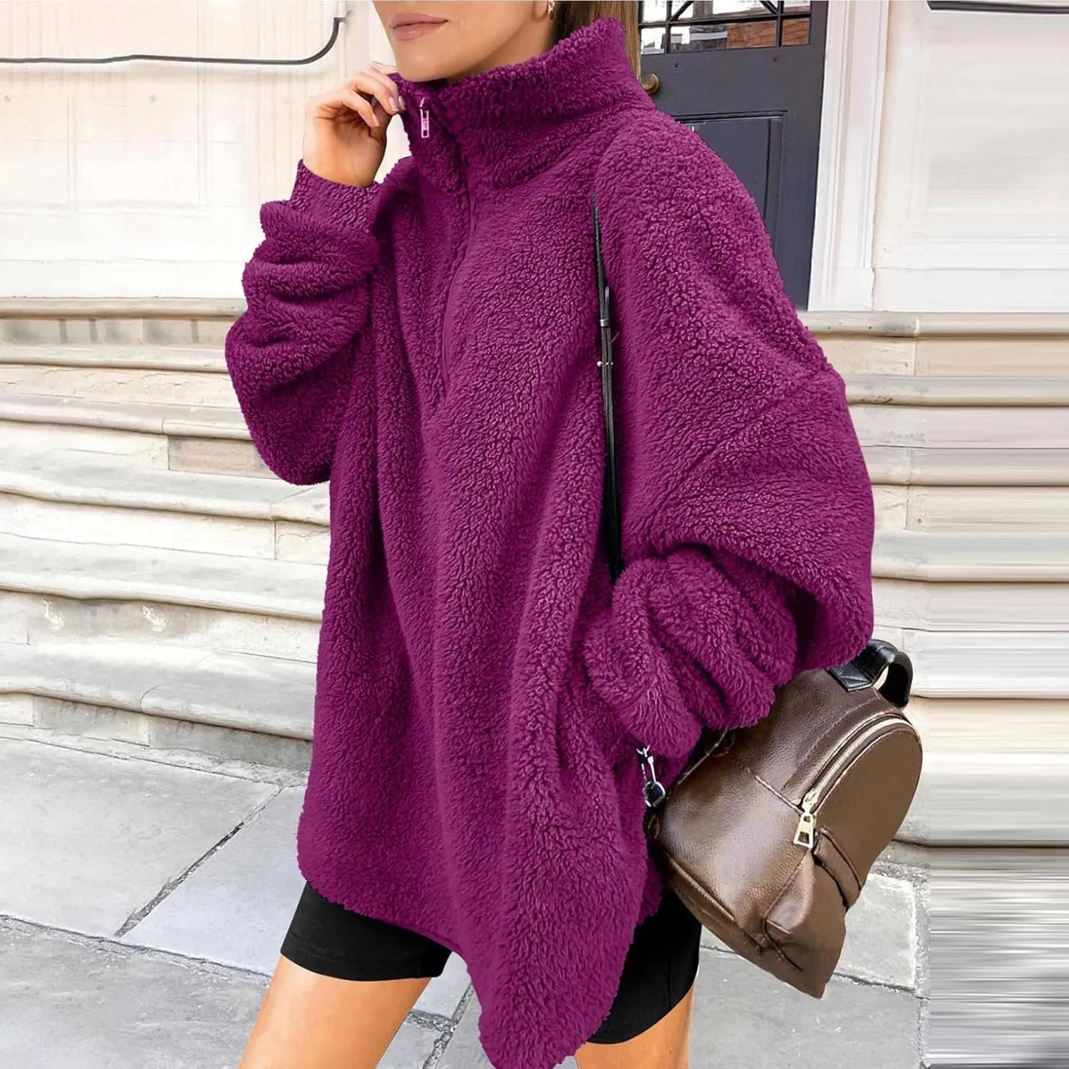 Womens Fleece Sweatshirt Half Zip Up Oversized Long Sleeve Sherpa Pullover Winter Warm Comfy Solid Color Fuzzy Tops