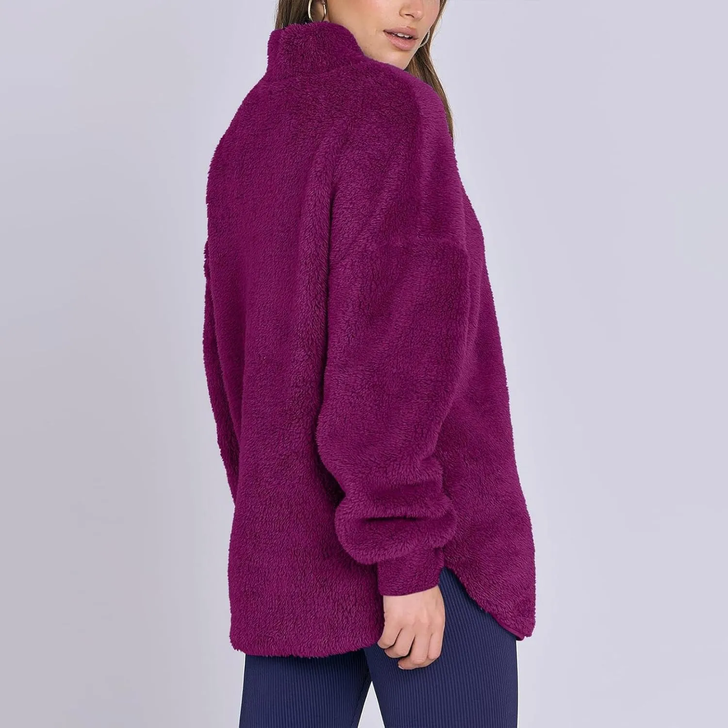 Womens Fleece Sweatshirt Half Zip Up Oversized Long Sleeve Sherpa Pullover Winter Warm Comfy Solid Color Fuzzy Tops