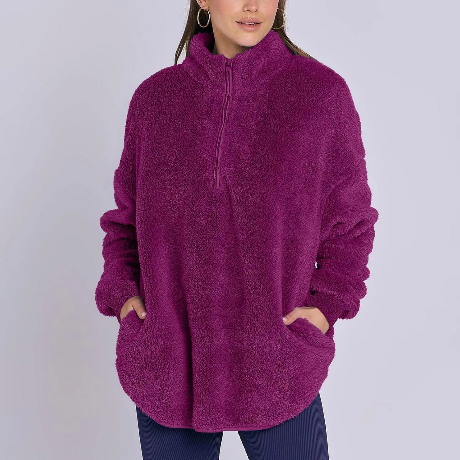 Womens Fleece Sweatshirt Half Zip Up Oversized Long Sleeve Sherpa Pullover Winter Warm Comfy Solid Color Fuzzy Tops